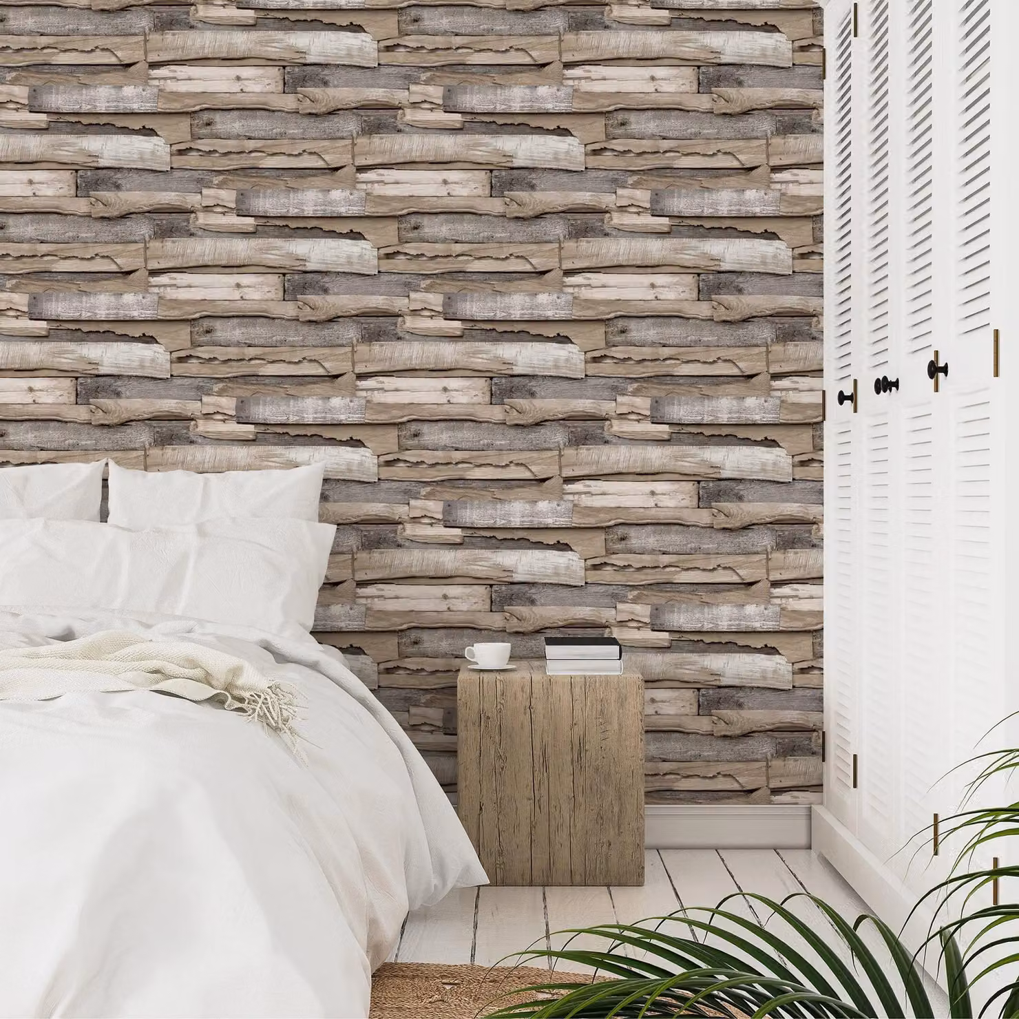 Grandeco Malay Natural Planked Wood Effect Vinyl Wallpaper in Brown, Blue and Pink – 2