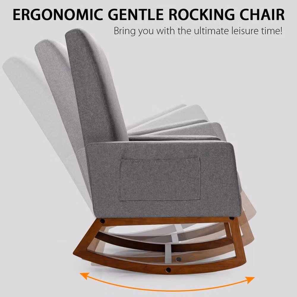 VOGREX Modern Upholstered Rocking Chair with Grey Fabric and Solid Rubberwood Base – 6