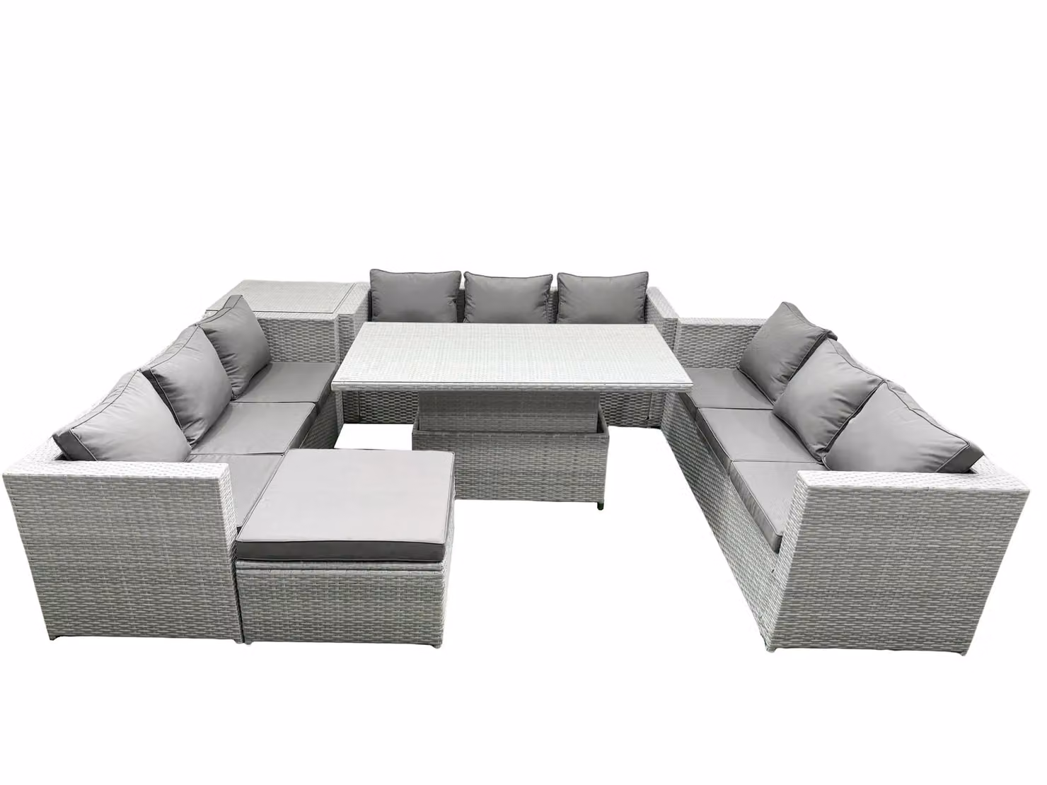 Fimous U-Shape Rattan Garden Furniture Set in Light Grey with Adjustable Lifting Table, 3-Seater Sofa, Coffee Table and Ottoman – 2