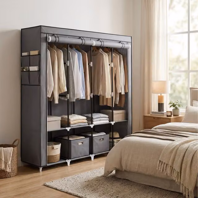 SONGMICS Portable Wardrobe with 4 Hanging Rails in Grey