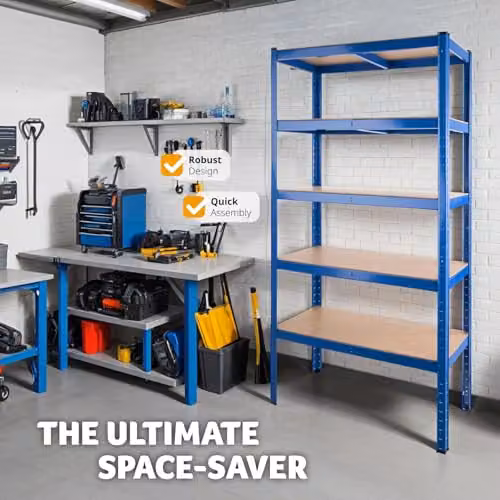 tectake Heavy-Duty 5-Tier Garage Shelving Unit with MDF Shelves, Blue, W/D/H: 180.5 x 90.5 x 40.5 cm – 5