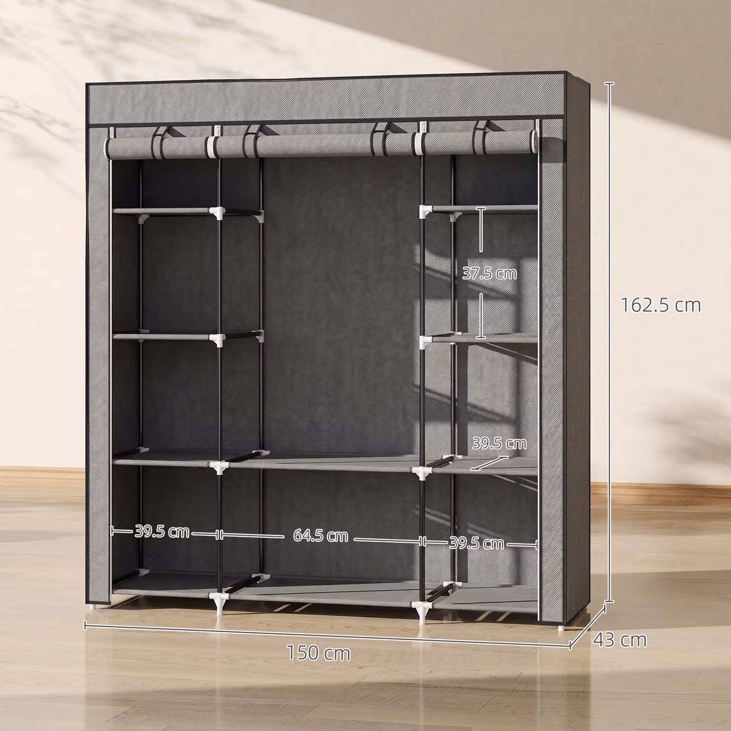HOMCOM Foldable Fabric Clothes Storage Organiser with Hanging Rail and Shelves, Grey, H 162.5 x W 150.0 x D 3.3 cm – 3