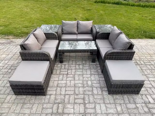 Fimous 8 Seater Grey Wicker Rattan Garden Furniture Set with U-Shape Sofa, Love Seat, Rectangular Coffee Table and 2 Ottomans