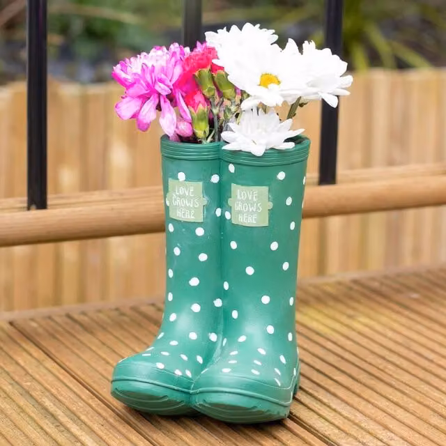 Uniqueful Dark Green Welly Boot Planter Pot, W/D/H: 14.0 x 18.0 x 21.5 cm