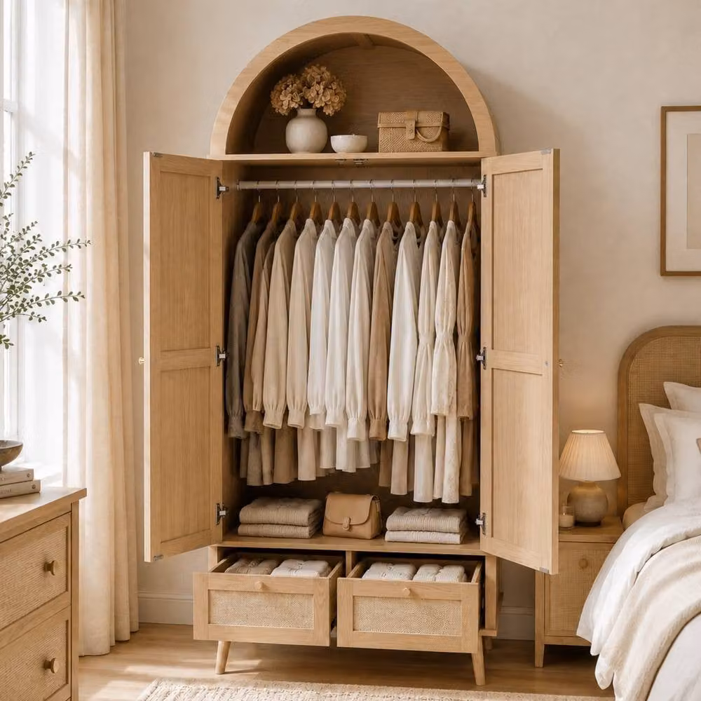 Merax Arched Double Door Wardrobe with 2 Rattan Effect Drawers in Walnut and Beige, W: 80 cm, D: 55 cm, H: 180 cm – 3