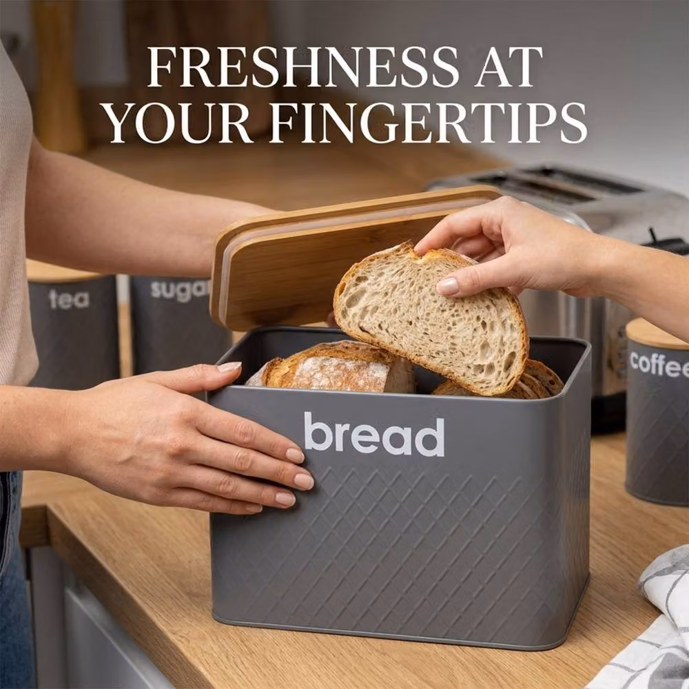 Crystals Grey 5 Piece Airtight Kitchen Storage Set with Bread Bin and Matching Geometric Canisters – 5
