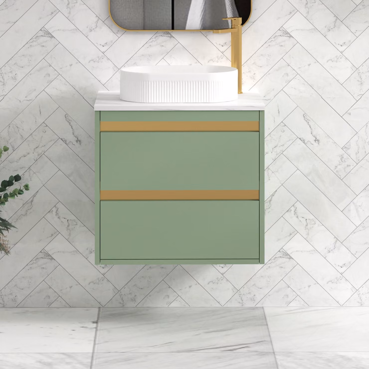 Royal Bathrooms Orion 800mm Mint Sage Wall Hung 2 Drawer Vanity Unit with Lyon Basin and Brushed Brass Accent Trim