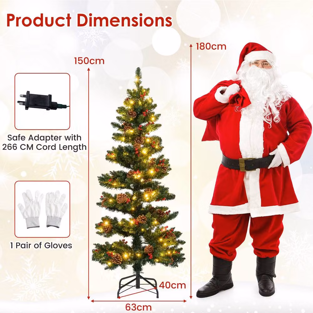 Gymax 5 FT Prelit Christmas Tree with 584 Branch Tips, Pine Cones and Red Berries in Green – 2