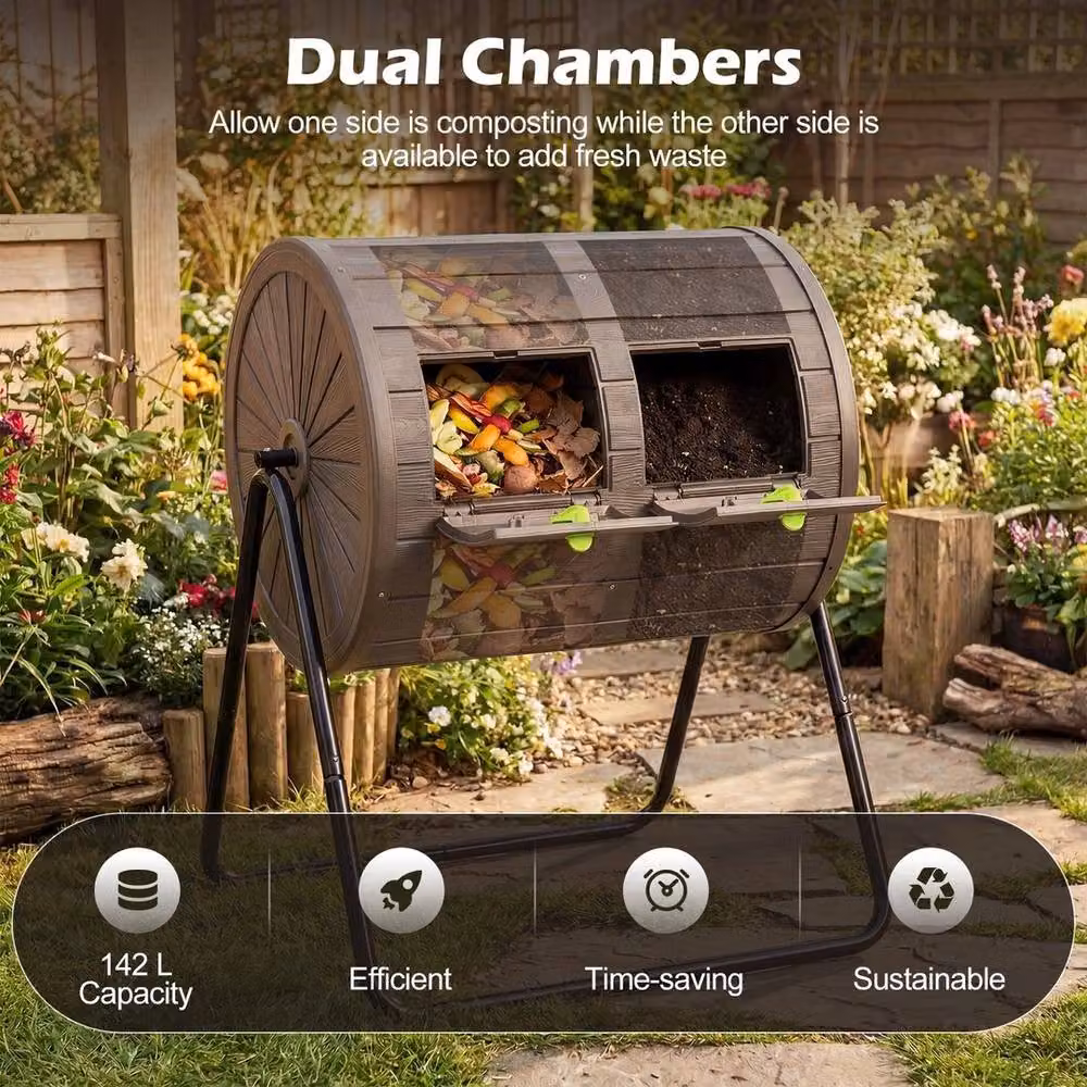 FLAVORA Brown Dual Chamber Lockable Compost Tumbler – 3