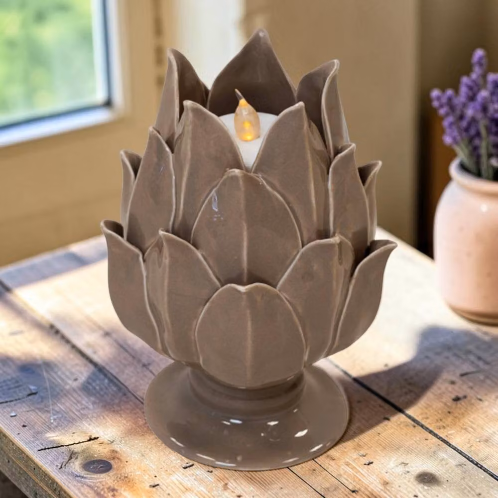 Four Candle Taupe Glazed Artichoke Ceramic Tealight Holder in Brown – 2