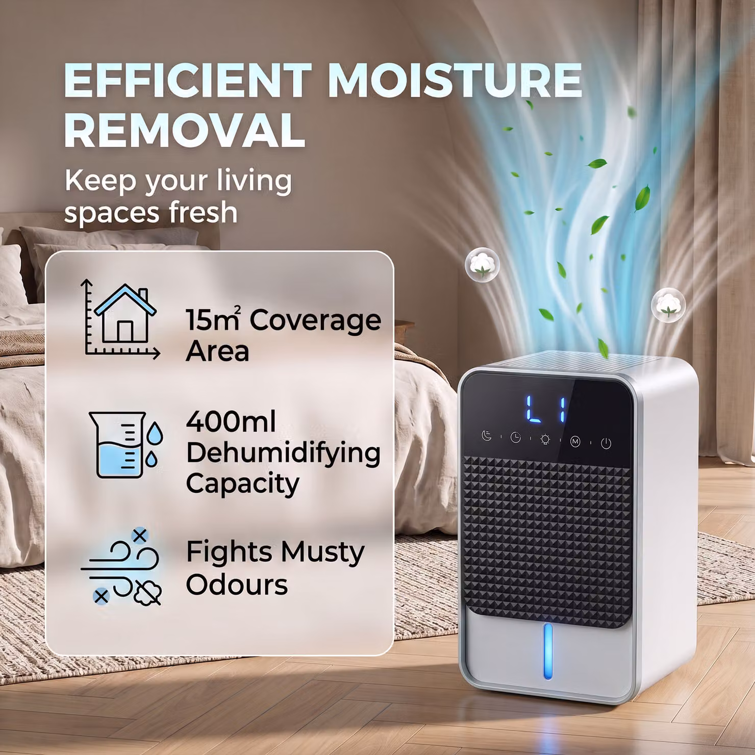 HOMCOM Small Dehumidifier with RGB Mood Lights, Timer, LED Display and Sleep Mode, White – 3