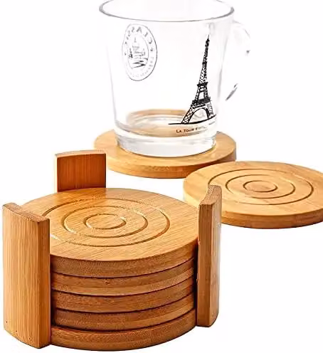 MantraRaj Set of 6 Round Handmade Bamboo Wood Drink Coasters with Holder in Brown – 3