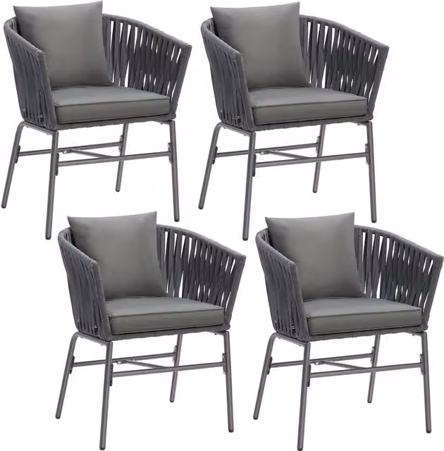 tectake Set of 4 Modern Rope Design Garden Chairs with Thick Cushions and Water-Repellent Covers in Dark Grey – 9
