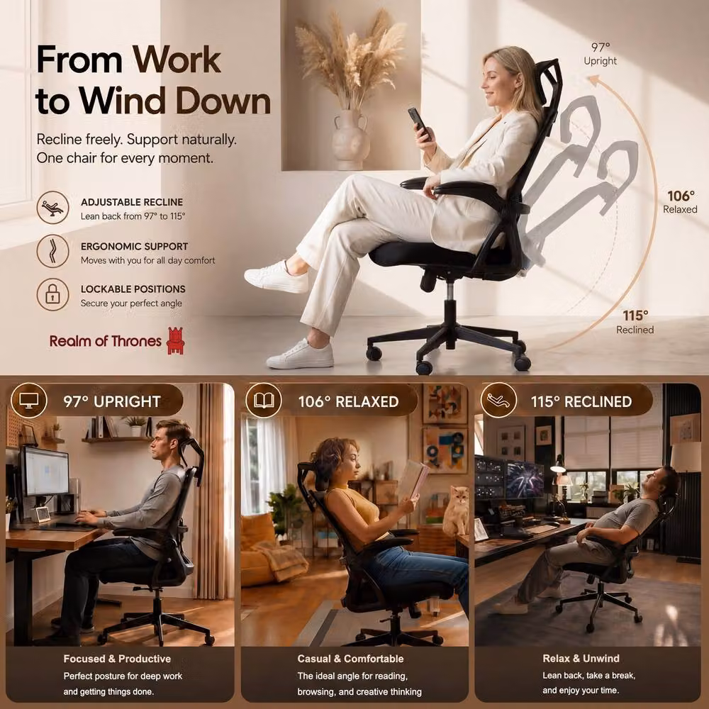 Realm of Thrones Black Mesh Office and Gaming Chair with Flip-Up Armrests and Adjustable Lumbar Support – 5