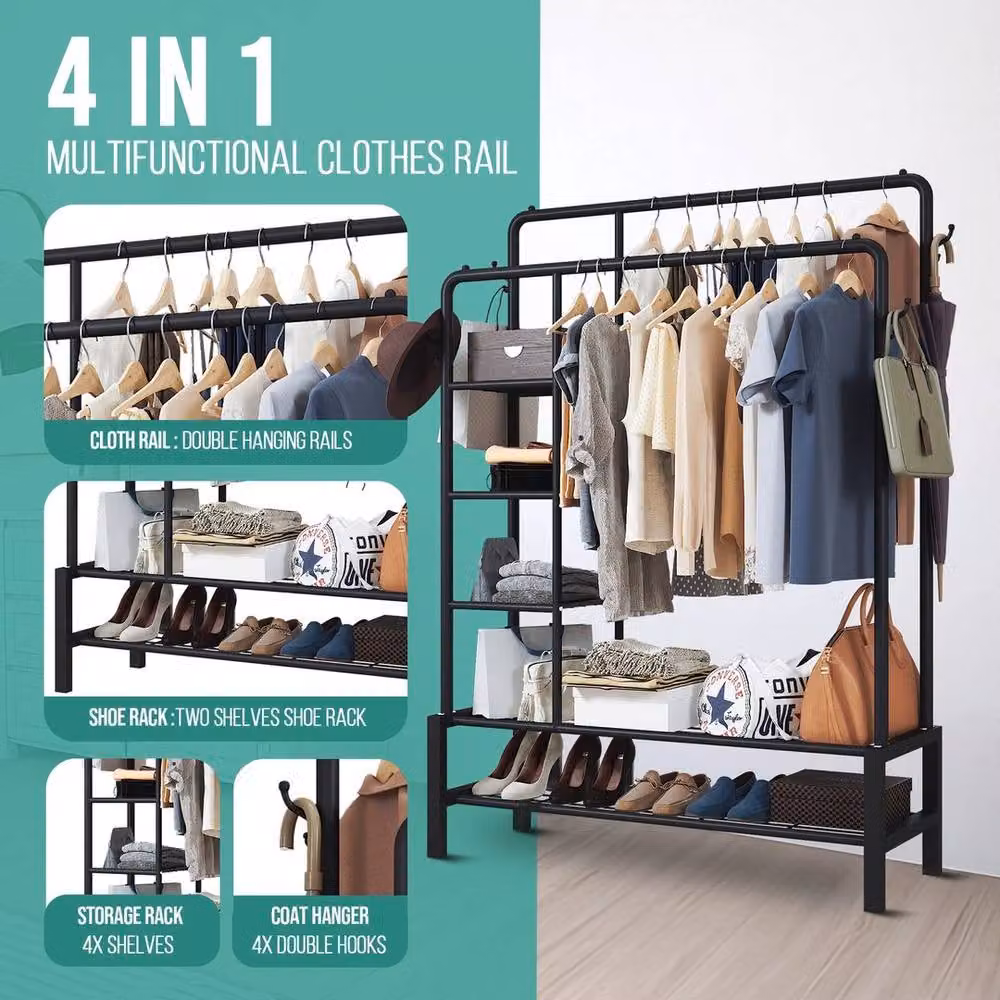PAWNORA Heavy Duty Metal Clothes Rail with Dual Hook and Rail Matrix in Matt Black – 3