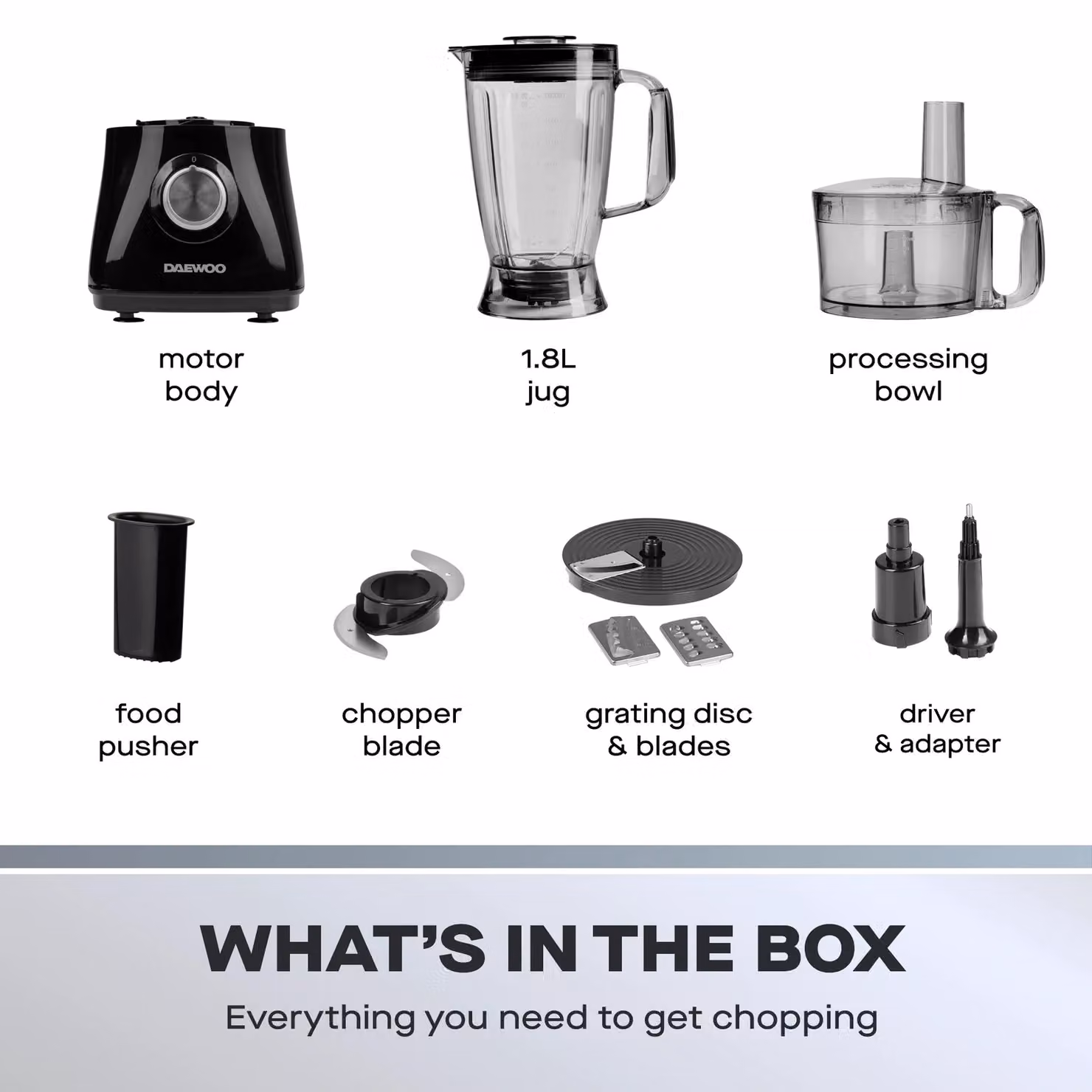 Daewoo All-in-1 2L Electric Food Processor and Chopper with Blender Pitcher in Black – 7