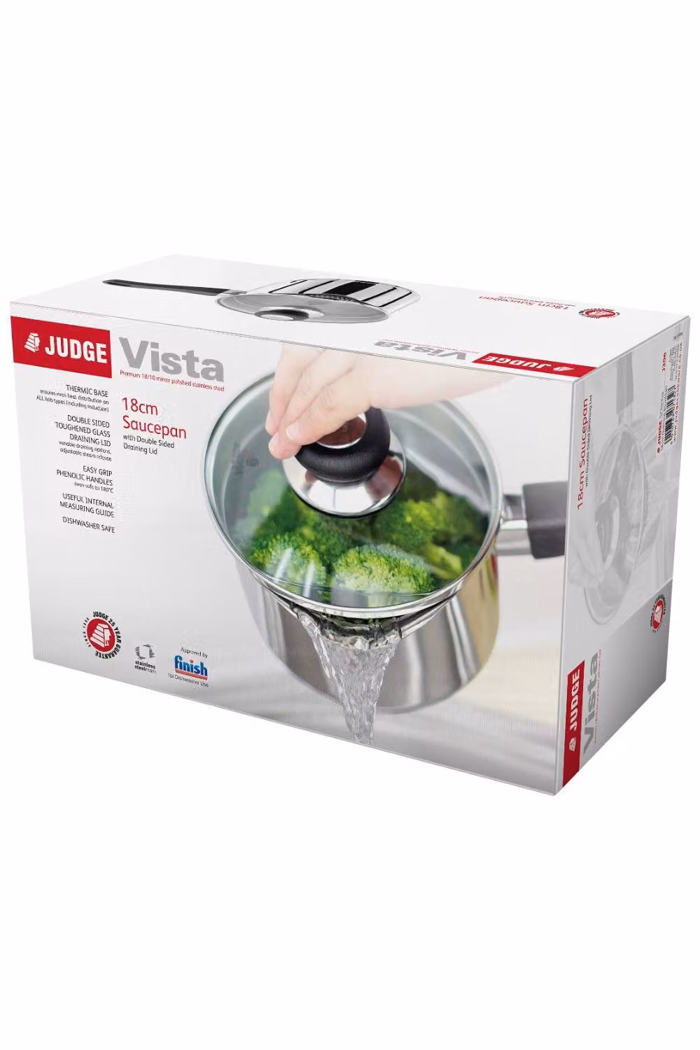 Judge Vista Non-Stick Draining Saucepan with Glass Lid, Metallic Silver, 2.1L, Diameter: 18 cm – 4