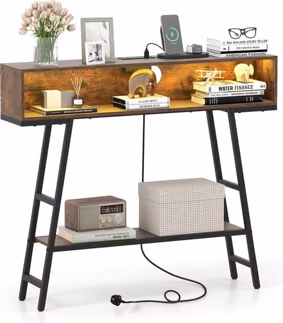 Costway Industrial Narrow Behind Couch Sofa Table with Storage Compartment in Brown