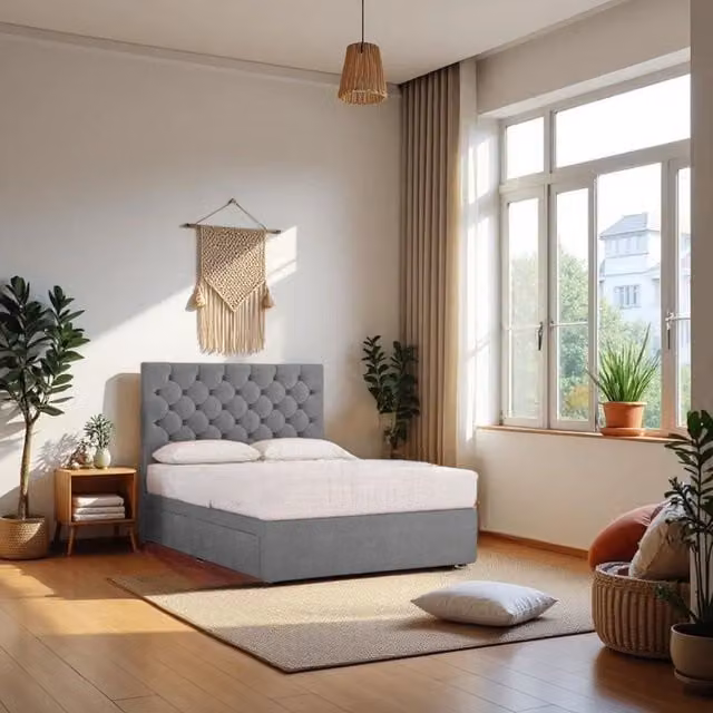Knight Sleep Athens Plush Bed Set in Grey with Hybrid Mattress, 2 Drawers and 24 inch Headboard, W/D/H: 80 x 190 cm – 1