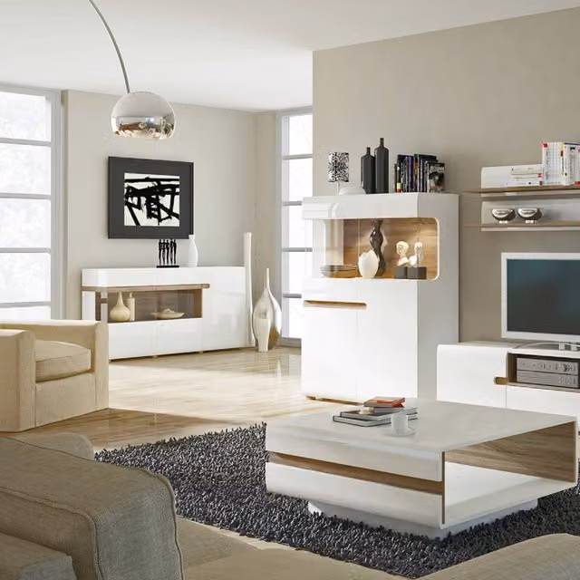 Jonas & James Lecce Wide Modern Oak Display Cabinet in White with Glass Doors and Soft Close Shelves