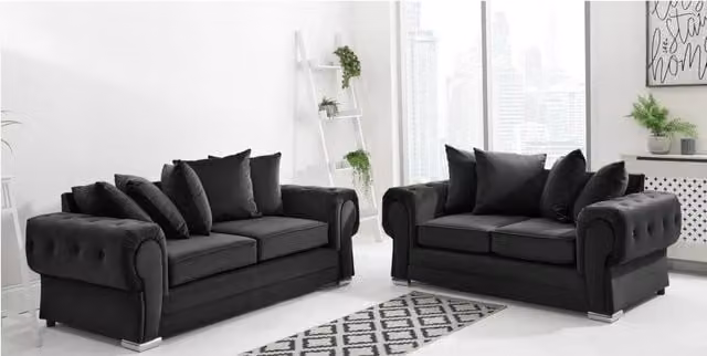 Furniture786ltd Verona Black Plush Velvet Fabric 2 and 3 Seater Scatter Back Sofa with Included Cushions