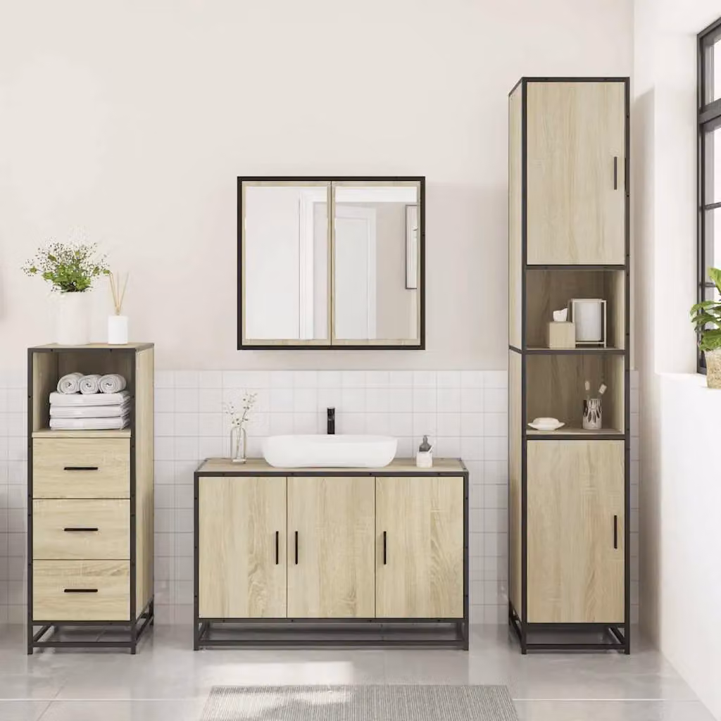 Berkfield Home 3 Piece Industrial Bathroom Furniture Set in Sonoma Oak Brown, including Vanity Unit, Mirror Cabinet and Wall Cabinet – 2