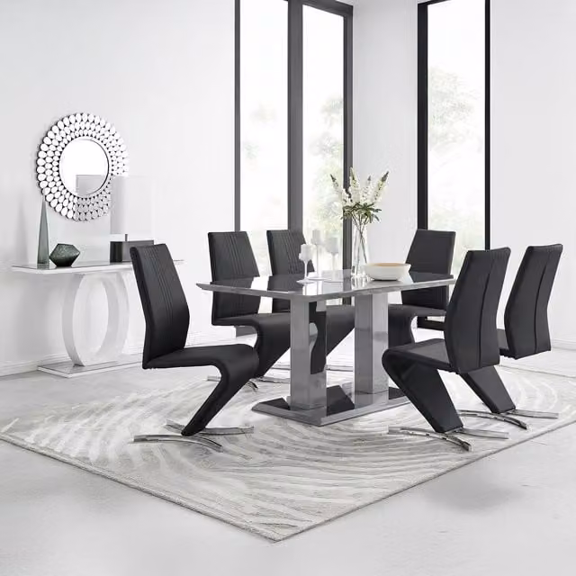 FurnitureboxUK Imperia Grey High Gloss Rectangular Glass Dining Table and 6 Black Willow Chairs – 1