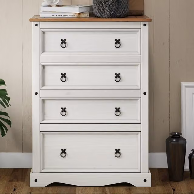 Mercers Furniture Corona Compact 4 Drawer Chest of Drawers in Distressed White Waxed Solid Pine, W/D/H: 82 x 40 x 113 cm