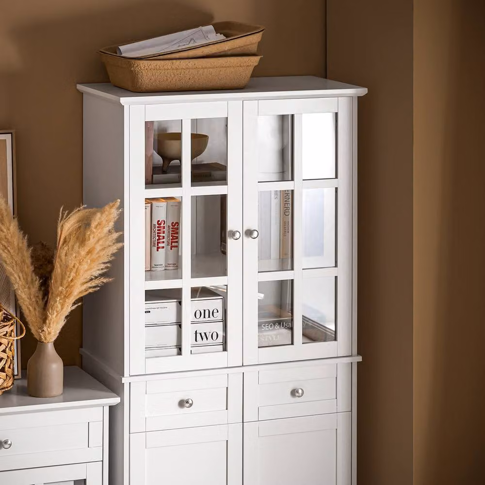 SoBuy Modern White Tall Sideboard with Glass and Solid Doors – 2