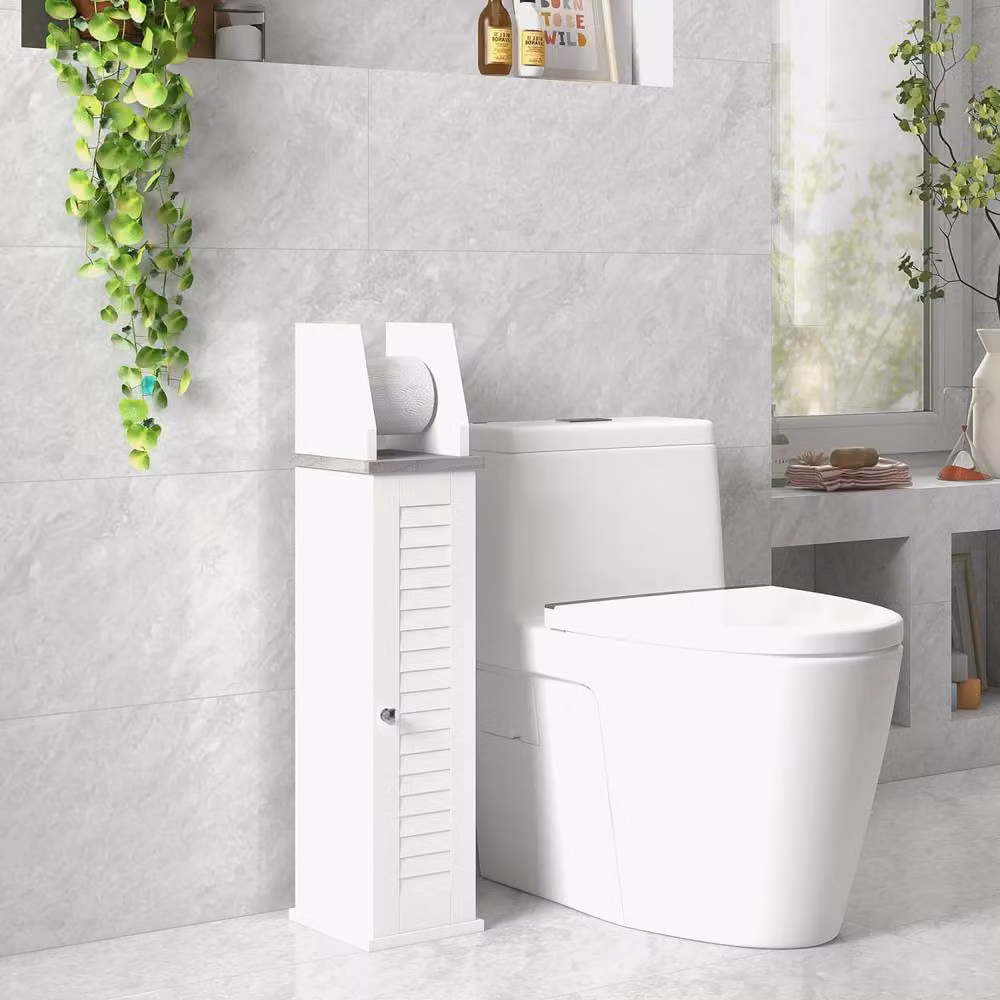 Wyld Haus Semike Slim Freestanding White Bathroom Cabinet and Toilet Roll Holder – 5