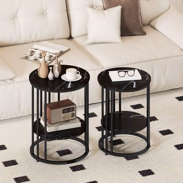 STILVORA Set of 2 Modern Round Metal Coffee Tables with Shelf, Black – 1