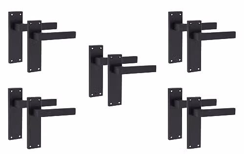 Golden Grace Straight Delta Latch Door Handles, 5 Pairs, Matt Black, 150mm