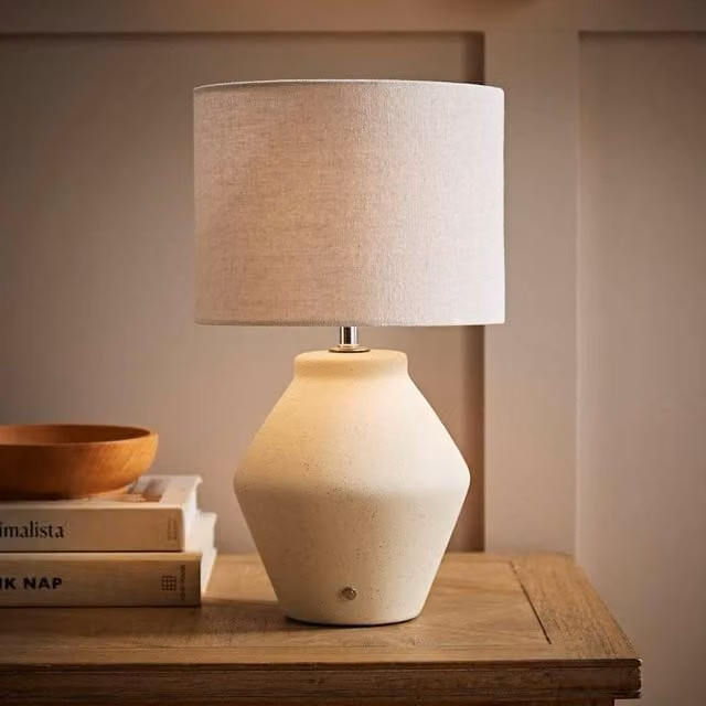 Finn Rechargeable Ceramic Table Lamp with Beige Fabric Shade