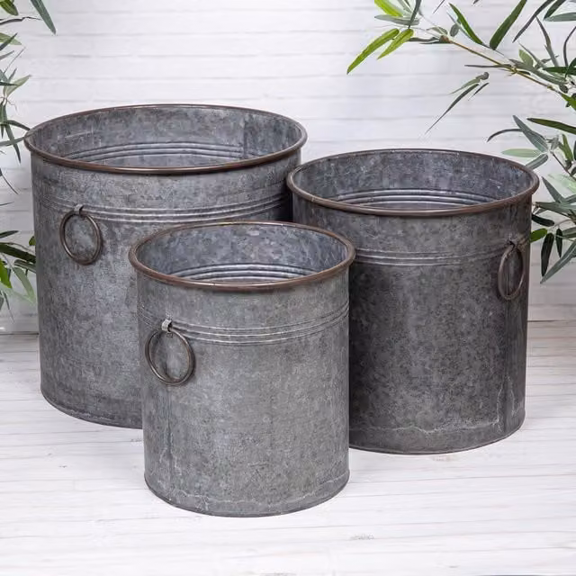 Annibells Vintage Round Metal Planter with Handles, Grey, Diameter: 33 cm