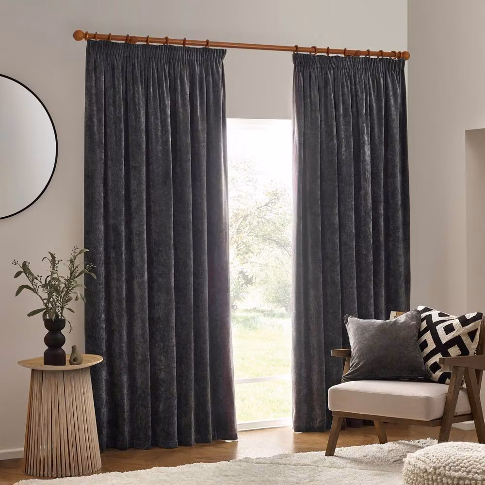 Yard Heavy Chenille Blackout Pencil Pleat Curtain Pair in Charcoal, W: 117 cm, H: 137 cm – 2