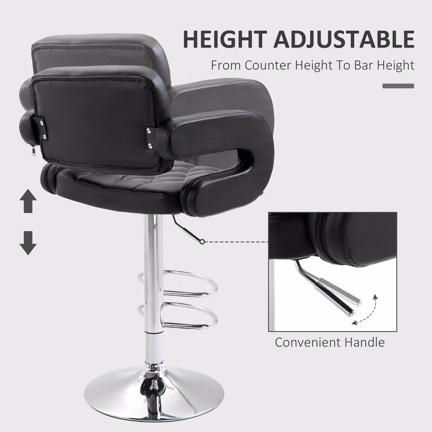 HOMCOM Adjustable Height Black PU Leather and Steel Bistro Barstool with 360 Degree Swivel – 3