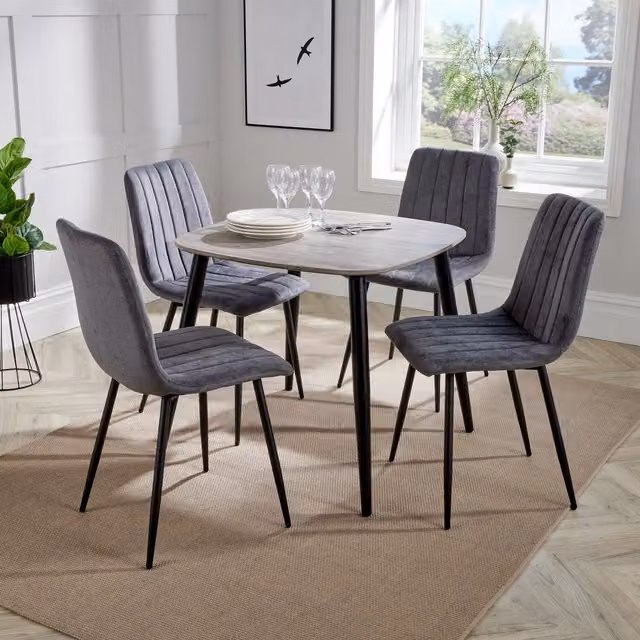 Core Products Ltd Aspen Dining Set with Grey Oak Effect Square Table and 4 Black Straight Stitch Chairs