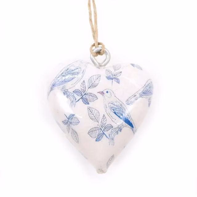 KDMK Blue and White Wooden Heart Bird Tabletop Decor