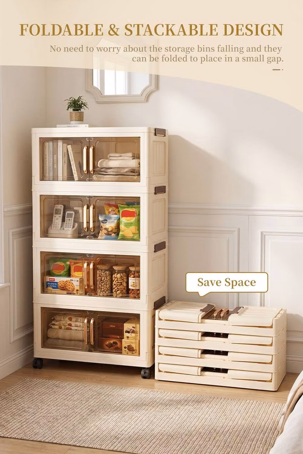 Garden Sanctuary 4-Tier Rolling Plastic Storage Cabinet with Magnetic Hinged Doors in Beige – 2