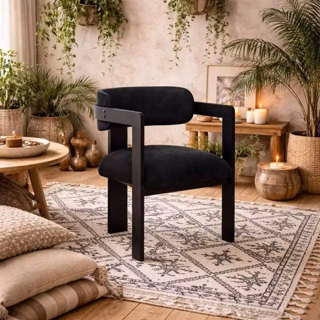 Wyld Haus Thurles Black Velvet Upholstered Dining Chair with Armrests