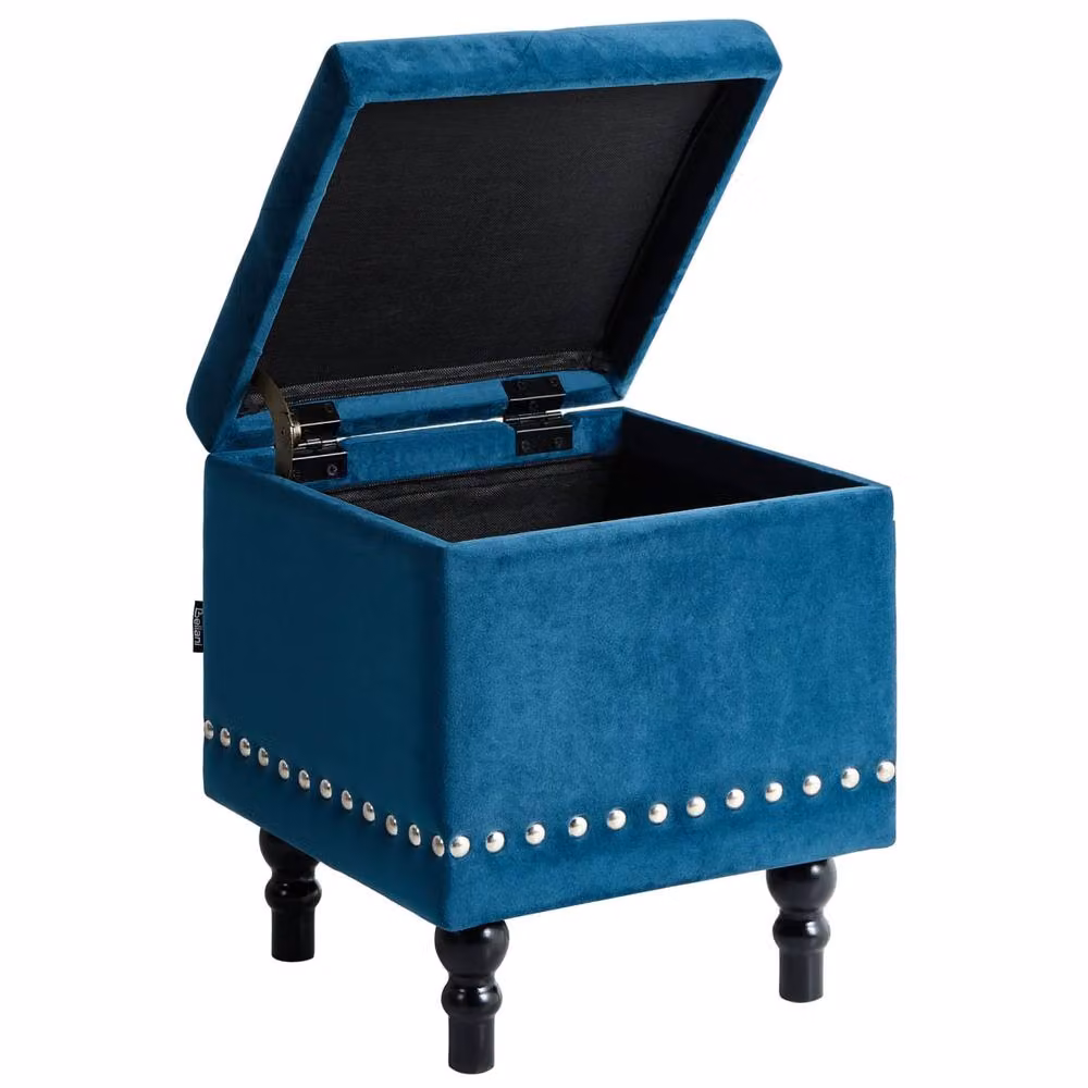 Wyld and Coco Velvet Ottoman in Deep Blue with Tufted Seat and Nailhead Trim – 4