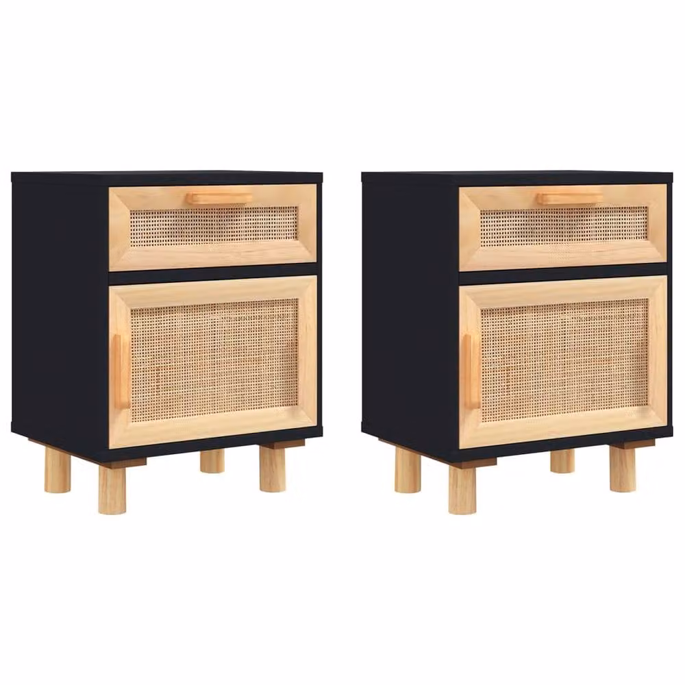 Berkfield Home Set of 2 Black Solid Wood Pine and Natural Rattan Bedside Cabinets – 2