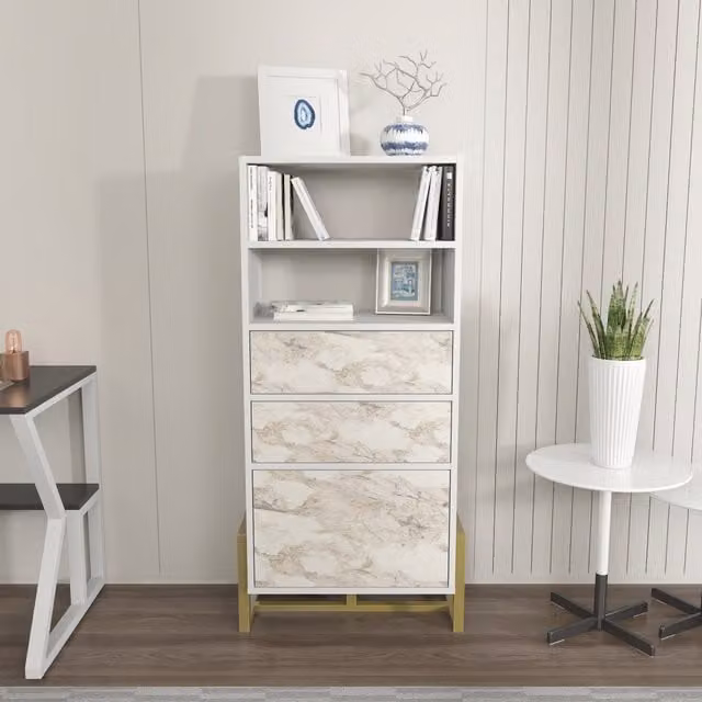 Decorotika Utopia Bookshelf in White Marble Effect and Gold