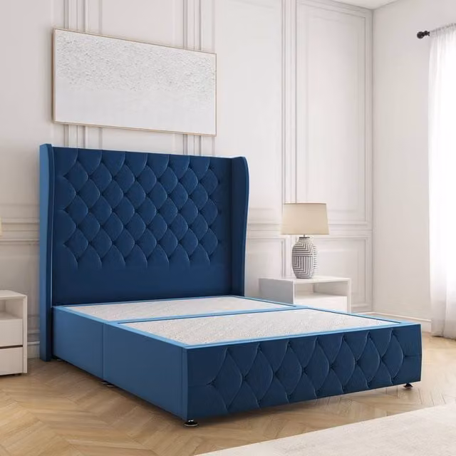 BSSPOKE Faye Divan Bed with 54 inch Headboard in Blue Plush Velvet, King Size, W/D/H: 180 x 200 cm