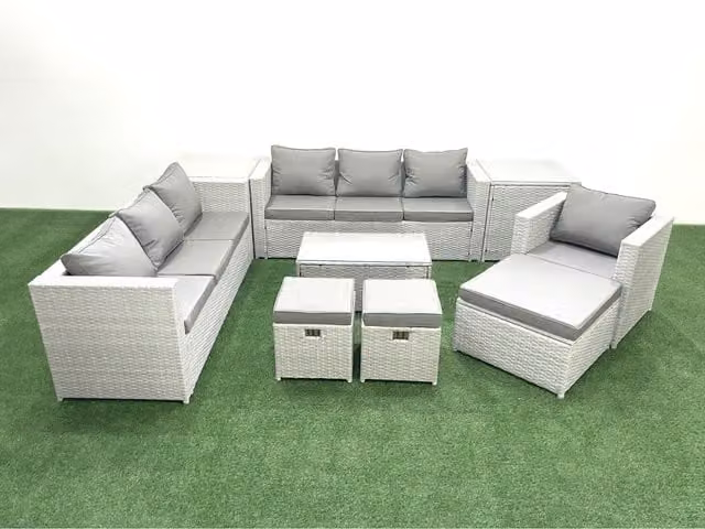 Fimous PE Rattan Garden Sofa Set in Light Grey Mixed with 2-Seater Sofa, Armchair, Ottoman and Coffee Table