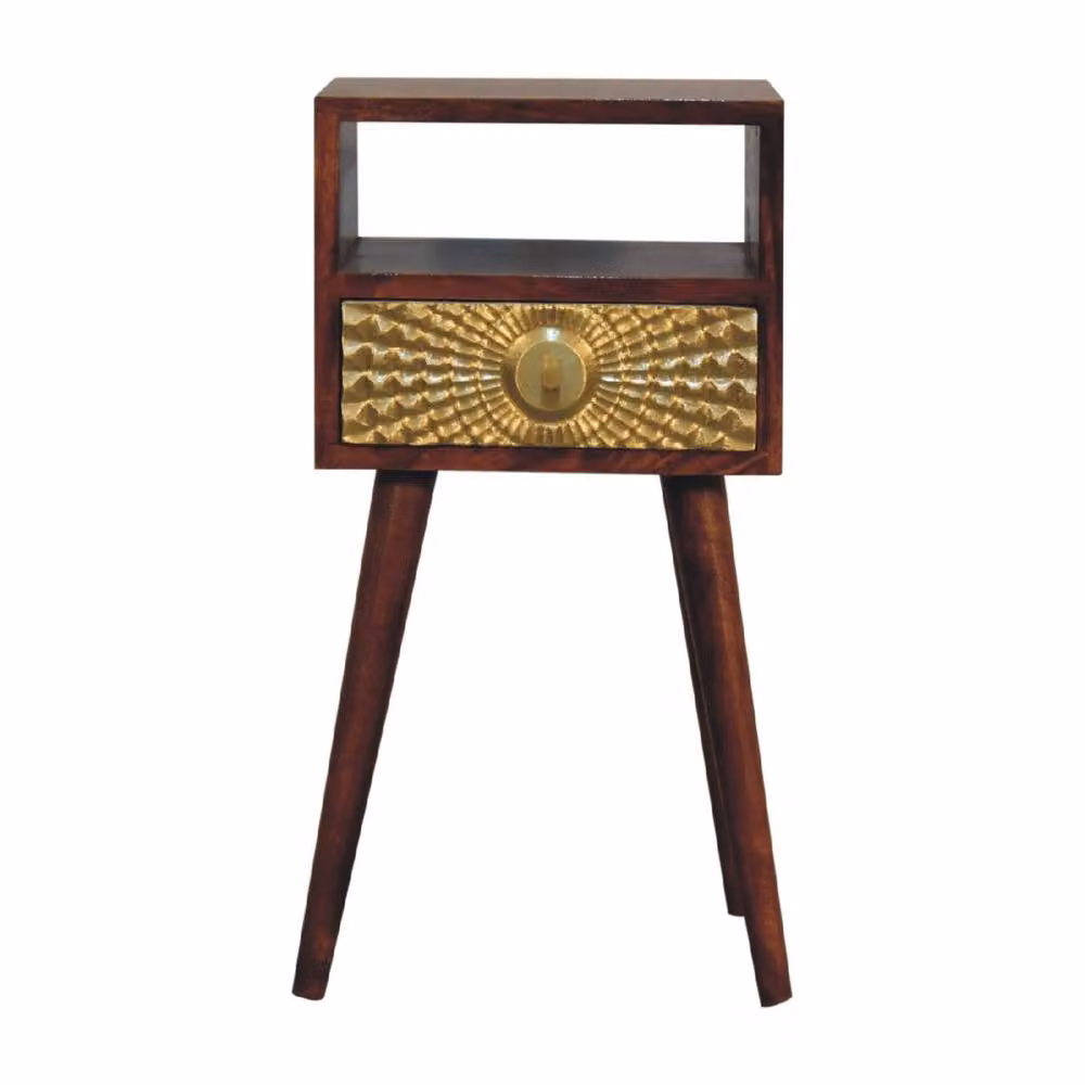 Wyld Haus Megeve Eden Mini Bedside Table in Brown Solid Mango Wood with Gold Brass Drawer – 2
