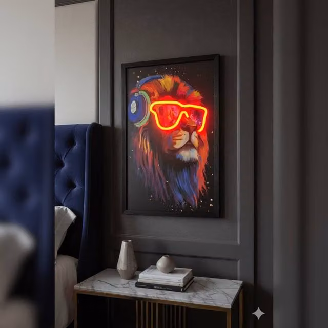 HOME LUXE INTERIOR Rave Lion Neon LED Canvas Wall Art, Multicolour, W: 40 cm, H: 60 cm – 1