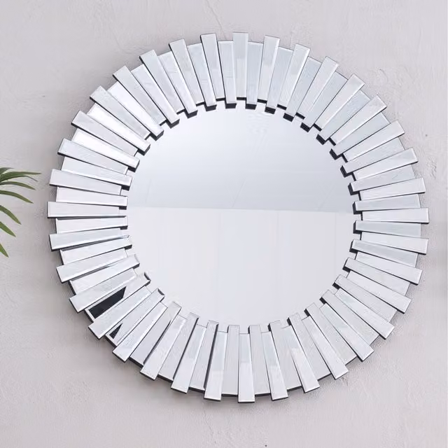 Comfy Living Modern Round Sunburst 3D Geometric Wall Mirror, Silver, Diameter: 80 cm