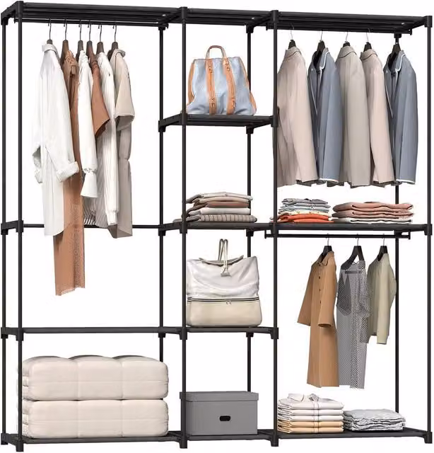 KORVIXA Black Metal Clothes Wardrobe with 8 Shelves, Width: 90 cm