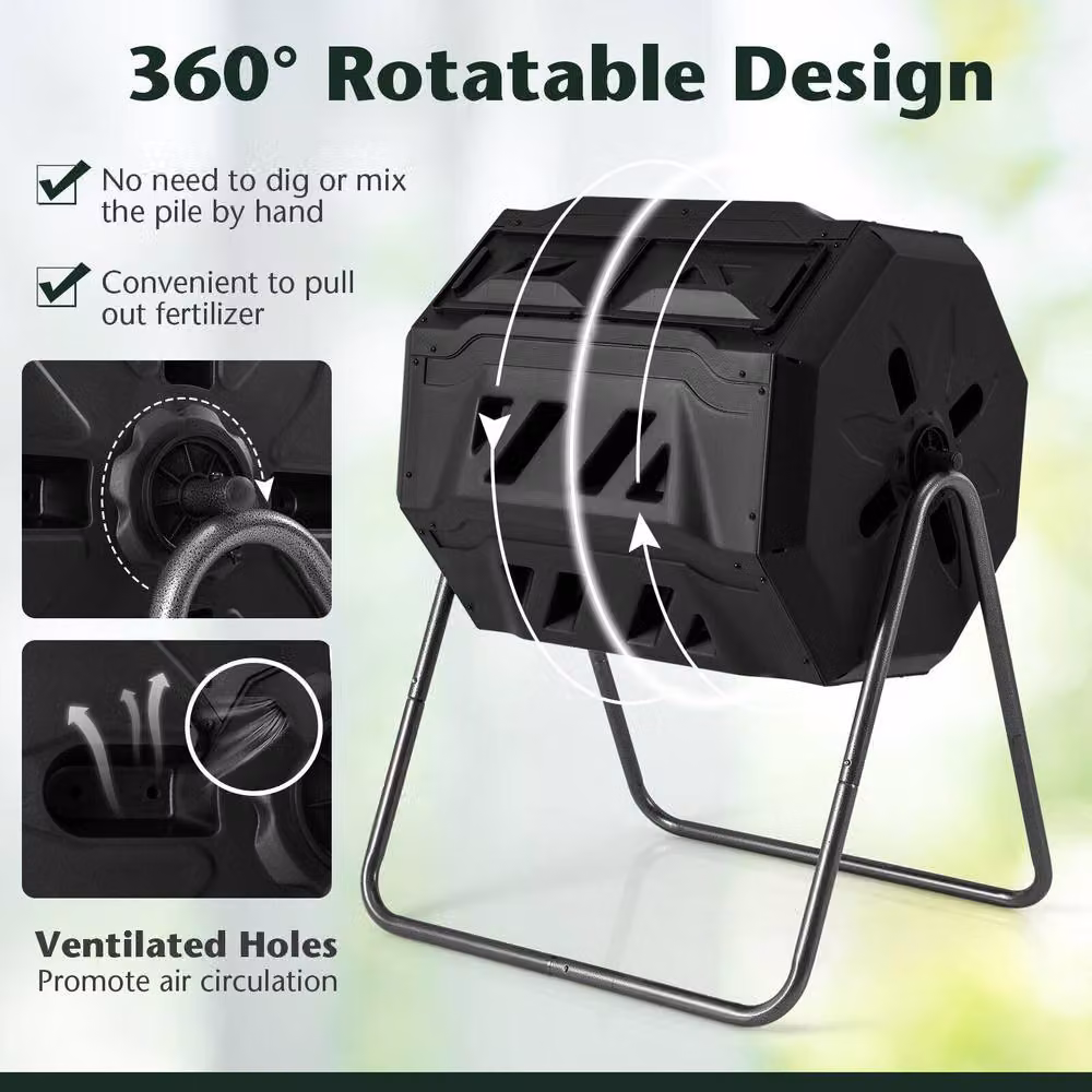 Costway 160L Dual Chamber Composting Tumbler with 360 Degree Rotation in Black – 6